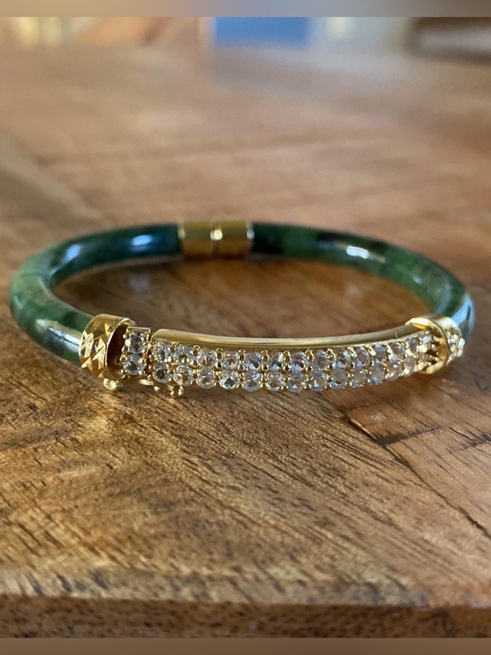 Retired Jade of Yesteryear Nephrite Jade & Cubic Zirconia Hinged Bangle Bracelet